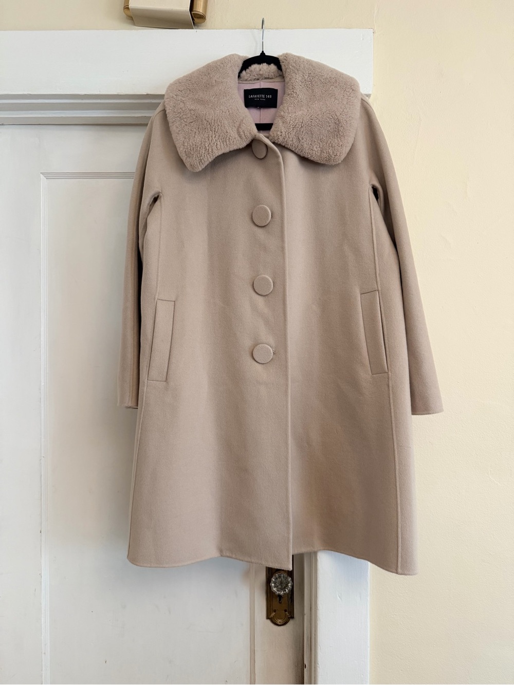 Lafayette 148 Wool Cashmere Coat Genuine Nutria Fur Collar Beige XL